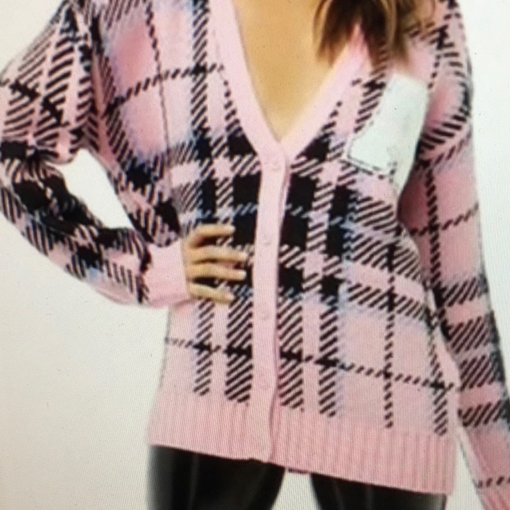 Forever 21 Pink/Black Plaid Cardigan Sweater Sz M - Picture 2 of 5